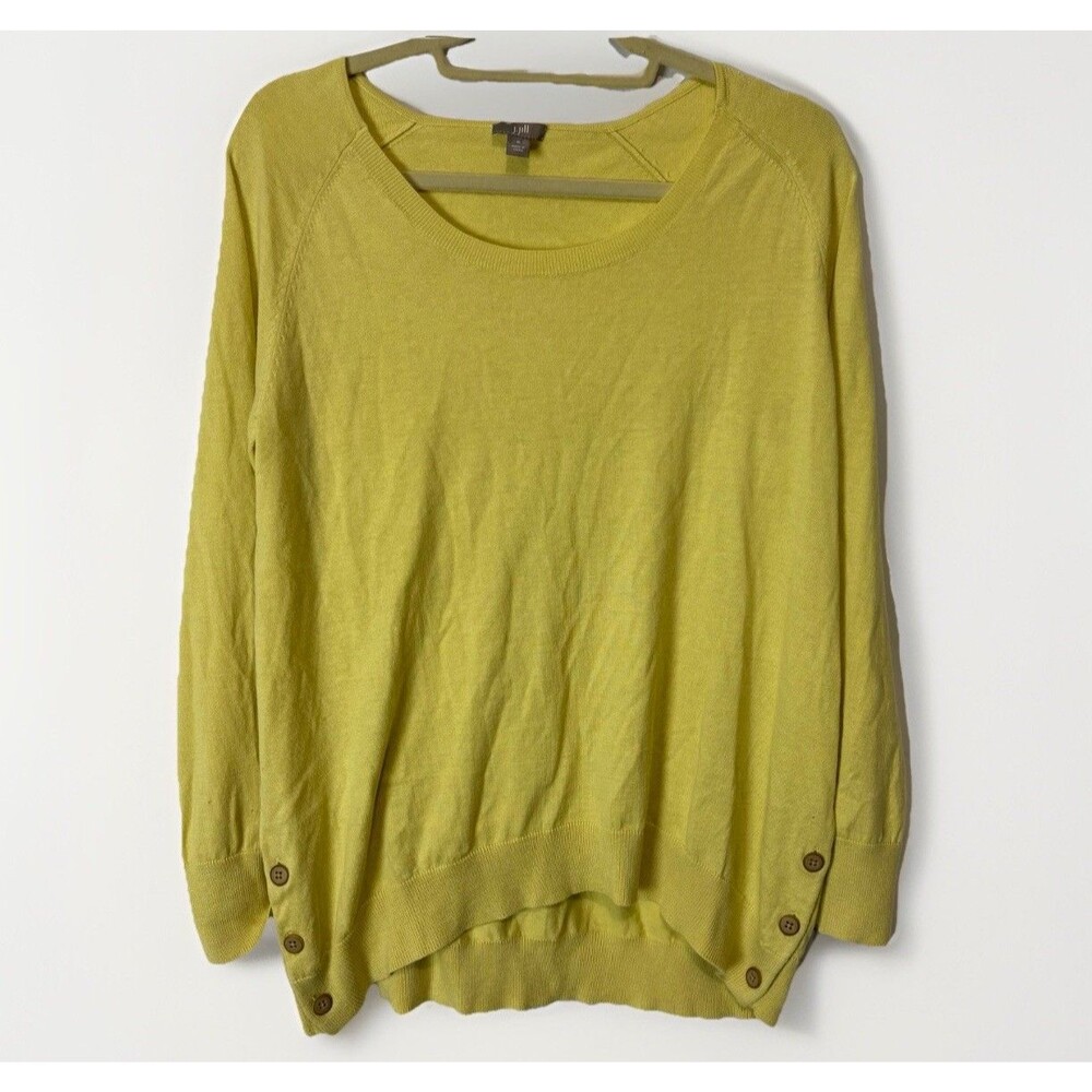 J. Jill Women’s Silk Cotton Scoop Neck Pullover Side Button Sweater‎ Yellow Sz M
